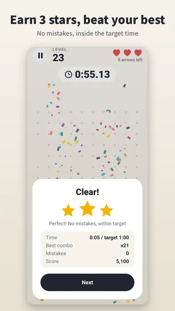 Clear screen with 3 stars, time, best combo and score