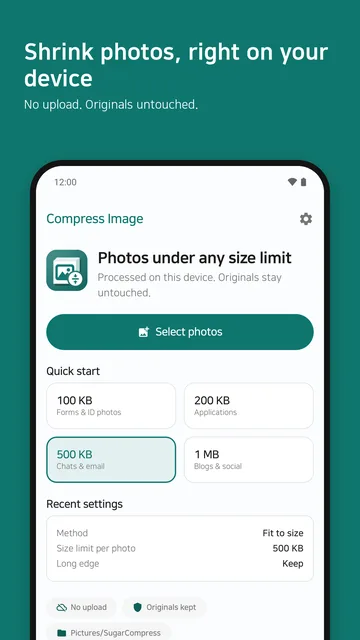 Home screen with size presets